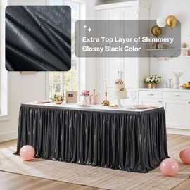 PartyVillage 132 inch Black Table Skirts for Rectangle Tables 6ft | Extra Long Pleated Wavy Design Wedding Party Tablecloth Skirt | Wrinkle-Free Reusable Black Table Skirt for Events (Skirt Only)