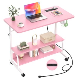 Armocity Height Adjustable Standing Desk with Power Outlets, 32" Manual Stand Up Desk with Storage Shelves Small Mobile Rolling Computer Desk Portable Laptop Table with Wheels for Home Office, Pink