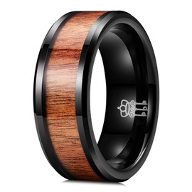 THREE KEYS JEWELRY 8mm Tungsten Wedding Ring with Koa Wood Inlay Black Flat Wedding Band Engagement Ring Comfort Fit Size 7.5