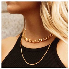 Yheakne Punk Layered Necklace Choker Gold Miami Choker Necklace Cuban Curb Link Chain Necklace Double Layer Chunky Choker Flat Chain Necklace Jewelry for Women and Girls