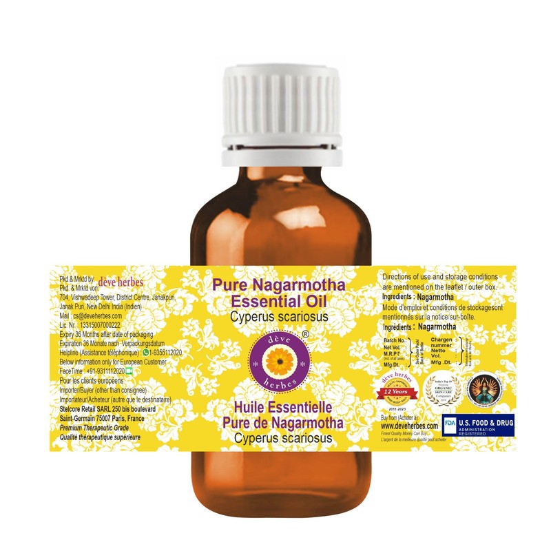 Deve Herbes Pure Nagarmotha Essential Oil (Cyperus scariosus) Steam Distilled