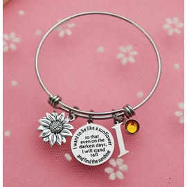 Eilygen Sunflower Bracelet Gift Initial Charm Bracelet 26 Letters Adjustable Bracelet for Women Encouragement Jewelry for Her (Sunflower Bangle I)