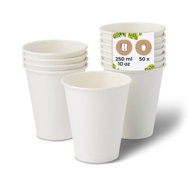 BIOZOYG Paper Cups, Pack of 50, 250 ml / 10 oz, Diameter 90 mm, White - Cups for Hot Drinks - Coffee Cups to Go Made of Cardboard - Disposable Cups, Alternative to Styrofoam Cups