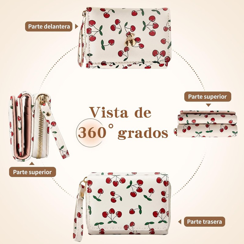 Cartera para Mujer Pequeña Bifold Compacta con Cremallera,Cereza