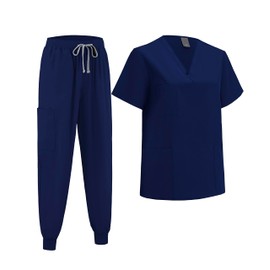 ThreeH Women's Medical Scrubbing Set, Classic Top with V Neck & Yoga Jogging Bottoms, Nursing Uniform for Healthcare, navy