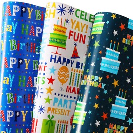 BOLIANNE BOLIANNE Birthday Wrapping Paper - Gift Wrapping Paper for Boys Girls Kids Men Women with Happy Birthday, Cakes, 6 Large Sheets Gift Wrap for Baby Shower, Folded Flat, 27 X 37 Inch