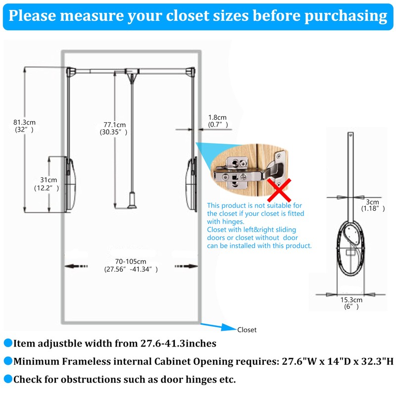 Pull Down Closet Rod,HANKEY Closet Pull Down Rods with Width
