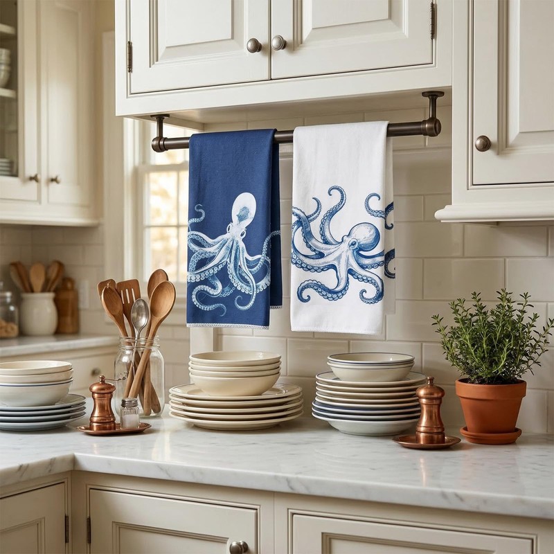 2Pcs Coastal Octopus Kitchen Towels Blue and White Octopus Hand