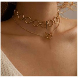 Allereya Vintage Layered Circle Necklace Double Interlocking Circle Necklace Round Circular Choker Necklace Gold T Bar Choker Necklace Jewelry for Women and Girls