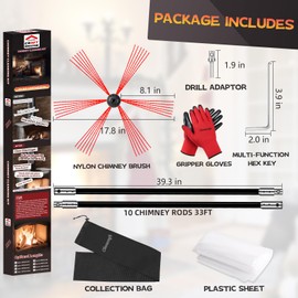 Cleancraft 33 Feet Chimney Sweep Kit, Chimney Cleaning Kit with 10 Flexible Black Chimney Rods, Chimney Brush for Sweeping Fireplace, Rotary Chimney Cleaning System Driven by Drill