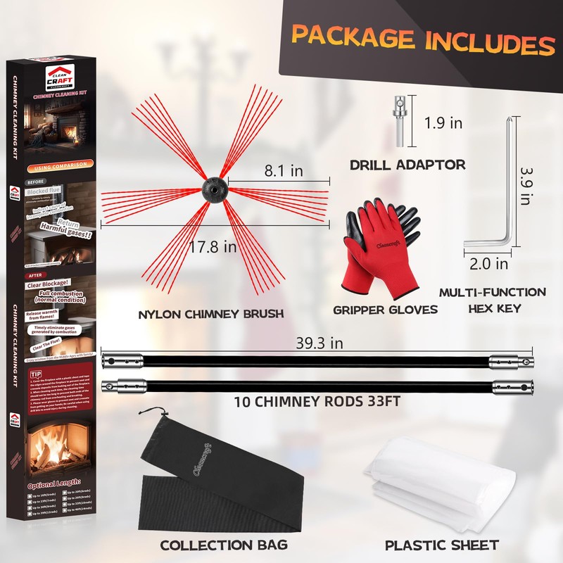 Cleancraft 33 Feet Chimney Sweep Kit, Chimney Cleaning Kit with