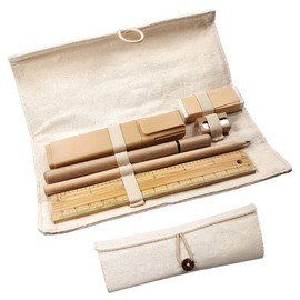 Powersell srls ECO Writing Set, Friendly Kit in Linen, Cardboard and Bamboo with Roll Up Case, Stationery Set: Ruler, Pencil, Pen, Pencil Sharpener, Rubber, Highlighter, Linen