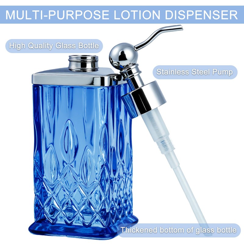 ZIVQEXMURL 10Oz Diamond Grid Pattern Blue Glass Soap Dispenser with