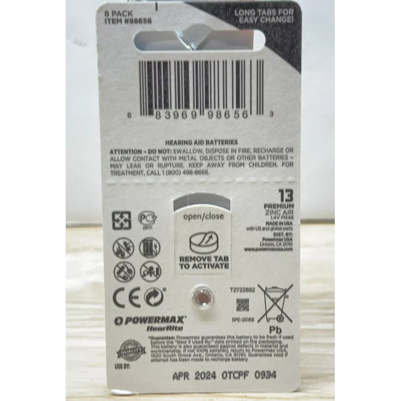 Powermax Size 13 Hearing Aid Batteries, Orange Tab, Zinc Air