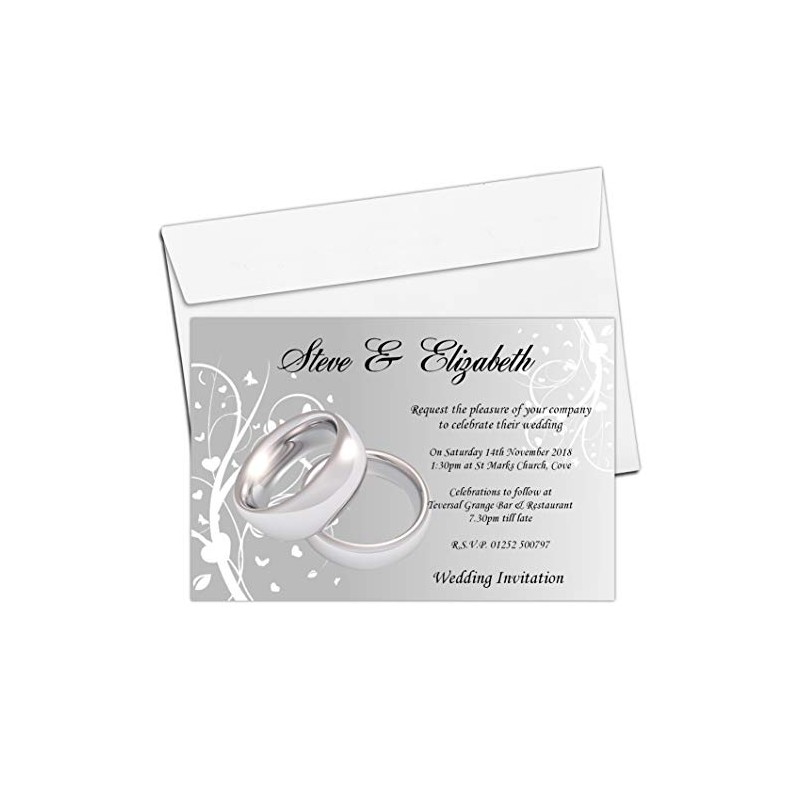 10 Personalised Silver Rings Wedding Invitations Invites N44 Day or