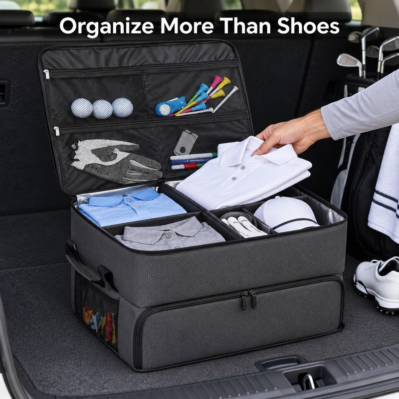2-Layer Waterproof Golf Trunk Organizer with Ventilated 2-Pair Shoe Compartment
