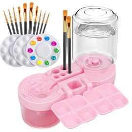 10 Pinceles Profesionales de Nailon para acrílico, óleo, Acuarela y témpera + Limpiador de Pinceles con depósito y 3 paletas para Artistas, Estudiantes y Estudios (Rosa)