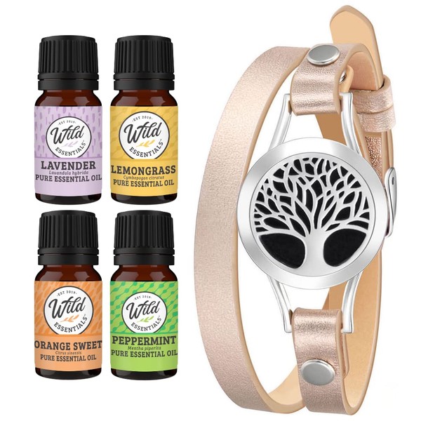 Wild Essentials USA Tree of Life Aromatherapy Diffuser Bracelet 17-Piece Gift Box Set Includes 4 Pure Essential Oils, Leather Wrap Band/Pendant, 12 Pads –Calming Aromatherapy Essential Oil Bracelet
