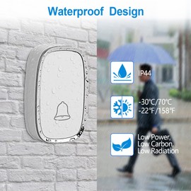 Aoreun Wireless Doorbell, Waterproof with 2 Receivers, Wireless Doorbell, 300 m Range, 36 Ringtones, 4 Volume Levels, LED Display, Doorbell, Wireless Set for Homes, Garden, White