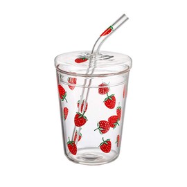 JHNIF 10 Oz Lovely Strawberry Clear Glass Tumbler with Lid and Straw.