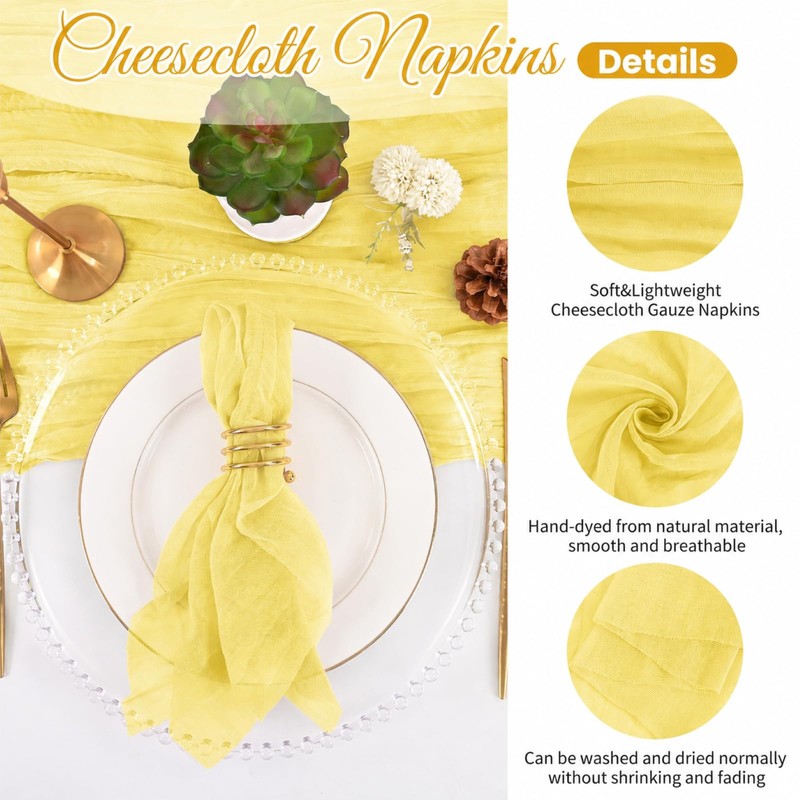 100 Pack Yellow Cheesecloth Napkins 20x20 Inch Cloth Napkins Bulk
