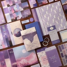 F Falkiya 346pcs Vintage Scrapbook Stickers Kit | Aesthetic Junk Journal Supplies Paper Art Journaling Kit DIY Sticker Craft Pack with A6 Grid Notebook for Wall Decor (Purple) (Pack of 1)