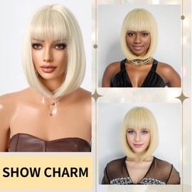 Bettinay Short Blonde Wig, Blonde Bob Wigs with Fringe for Women