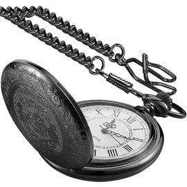 Realpoo Black Large Decorative Flower Pattern Pocket Watch White Roman Digital Scale Quartz Pocket Watch
