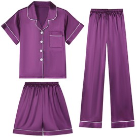 DIPUG Girls Pajamas Set Soft Silk Satin 3 Piece PJs Sleepwear for Comfortable Nights(Mid Purples)