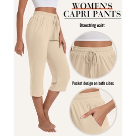 Neer 4 Pack Women's Capri Pants, Cotton Drawstring Yoga Capri Sweatpants Summer Lounge Loose Fit Cropped Pants with Pockets(Black, Brown, Khaki, Apricot,Small)