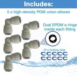 1/4" OD Union Elbow, DUAL O-RING, 5-Pack, Quick Connect, Push Fit Water Tube Fitting for RO Reverse Osmosis, Water Filter, Plumbing Connections - With Locking Clips