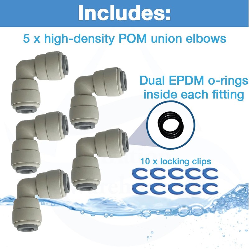1/4" OD Union Elbow, DUAL O-RING, 5-Pack, Quick Connect, Push
