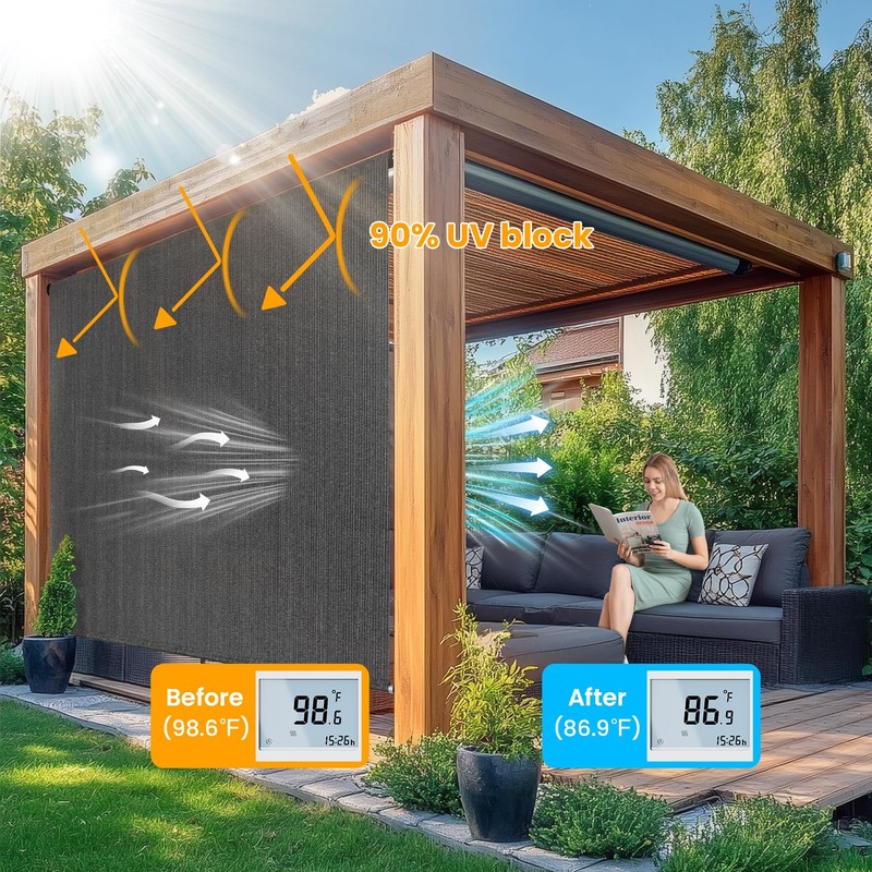 Breezombra 7'W x 6'H Gray Patio Shades Roll up Outdoor