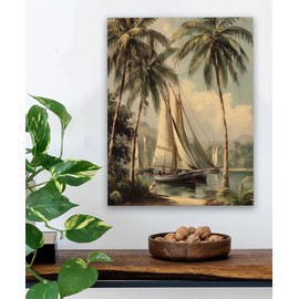Vintage Seascape Painting of Rum Cay - Coastal Tropical 16x20 Beach House Poster Decor - Sailboat & Palm Trees - Antique Nautical Island Art - For Summer Home Decor & Historical Beach House Landscapes