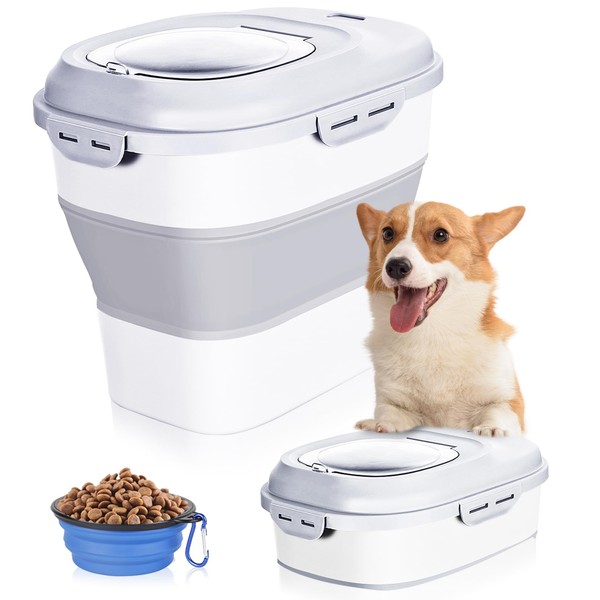 Dog Food Storage Container Pet Cereal Cat with Lids Locking Bowl Plastic Airtight Large Flour Sugar Kitchen Rice leakproof Pantry Collapsible White Bird Seed Wheels Sealable Dry 23 Qt/30 Pound Lb/25L