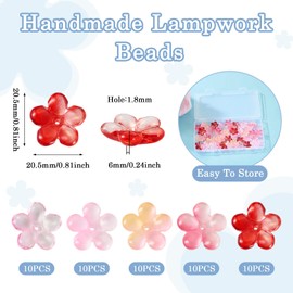 50 Pcs Glass Flower Beads Red Flower Petaline Lampwork Beads Crystal Flower Bead Charms Cute Flower Leaf Bead Caps for DIY Spring Craft Earring Bracelet Jewelry Making