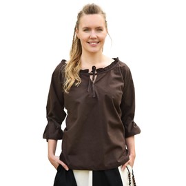 Battle-Merchant Medieval Birga Cotton Blouse with 3/4 Sleeves – Medieval Clothing for Women – Various Colours and Sizes, brown