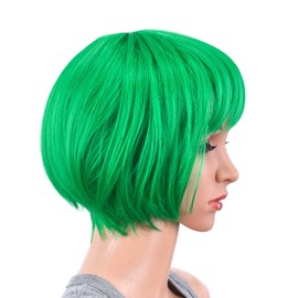 SWACC 10 Inch Short Straight Bob Wig with Bangs Synthetic Colorful Cosplay Daily Party Flapper Wig for Women and Kids with Wig Cap (St Patricks Green)