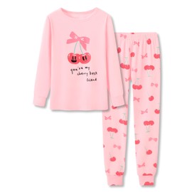 Topgal Cotton Kids Pajamas Long Sleeves Pant Sung Fit Sleepwear for Little Girls Cute Pink Cherry 2 PC PJ Set Size 14