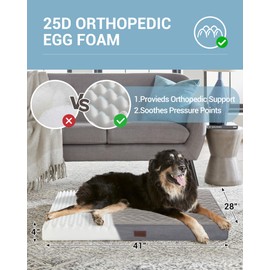 OhGeni 41 Inch Orthopedic Waterproof & Machine Washable Dog Bed for Large Pets, Suitable for Crates, 25D Egg Crate Foam, Non-Slip Bottom & Removable Cover, Invisible Zipper(Gray)