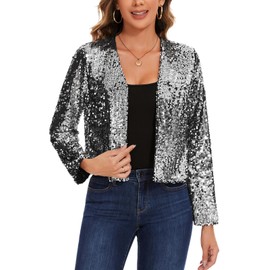 LADI TREND Ladies Sequin Cardigans Cropped Fully Lined Shrugs Open Front Top Long Sleeves Sweater Bolero for Show Glee Feast Parties Cocktail (Sliver XL)