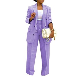 LROSEY Women's 2024 Fall Two Piece Casual Business Outfits Fashion Blazers Jacket Wide Leg Pants Suit with Pockets Purple