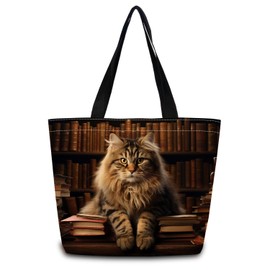 ZhuVantrix Book Maine Coon Tote Bag Reusable Grocery Bags Cute Aesthetic Shopping Shoulder Handbag with Interior Zipper Pocket Stylish Maine Coon Present for Cat Lovers Women