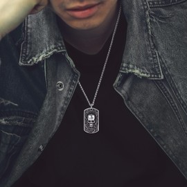 Bandmax Skull Dog Tag Pendant for Men, Stainless Steel Retro Style Skull Biker Necklace Punk Gothic Men Jewelry for Gift