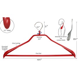 Mawa by Reston Lloyd BodyForm Series Non-Slip Space-Saving Clothes Hanger with Bar For Pants, 16 1/2", Style 42/LS, Set of 2, Red