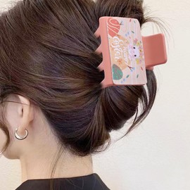 Hair Clips Easter Matte Leather Bunny Hair Claw Clips for Women Watercolor Flowers Hairgrips Small Square Pink Hairpins Design Thin Thick for Women Hair Easter Access 1PCS