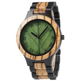EBONY Wood Watch for Men Natural Wooden Japanese Quartz Minimalist Style Mens Wristwatch Unique Real Leaf Vein Dials Lightweight Casual Watches (MWL-Green3)