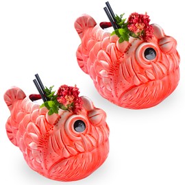 Prefdo Tiki Mugs Cocktail Set of 2 Ceramic Weird Fish Tiki Mugs, Hawaiian Luau Party Mugs, Fun Exotic Cocktail Tiki Cups, Tropical Tiki barware for Party Barware, 22oz/650ml