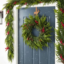 Glitzhome 24 Inch Christmas Wreaths for Front Door, Artificial Greenery Wreath with Pine Cones and Red Berries for Windows, Walls, Porches, Indoor and Outdoor Home Decoration