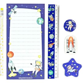 Papierdrachen 6-Piece Writing Set for Primary School Children Astronaut Motif with Pencil Sharpener Ruler Eraser Writing Pad Gift Idea for School Enrolment Party Bags for Children's Birthday Parties